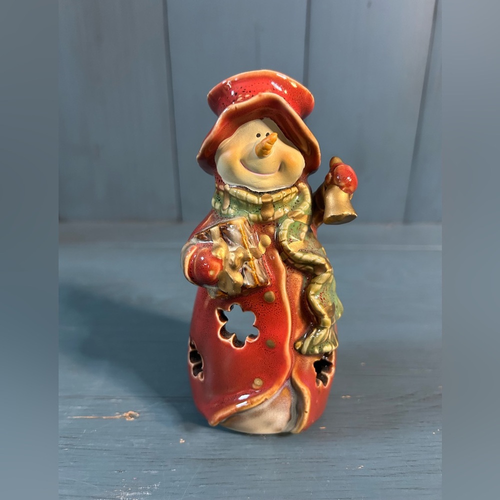 Festive Ceramic Snowman Holiday Tea Light Decor - Red and Green